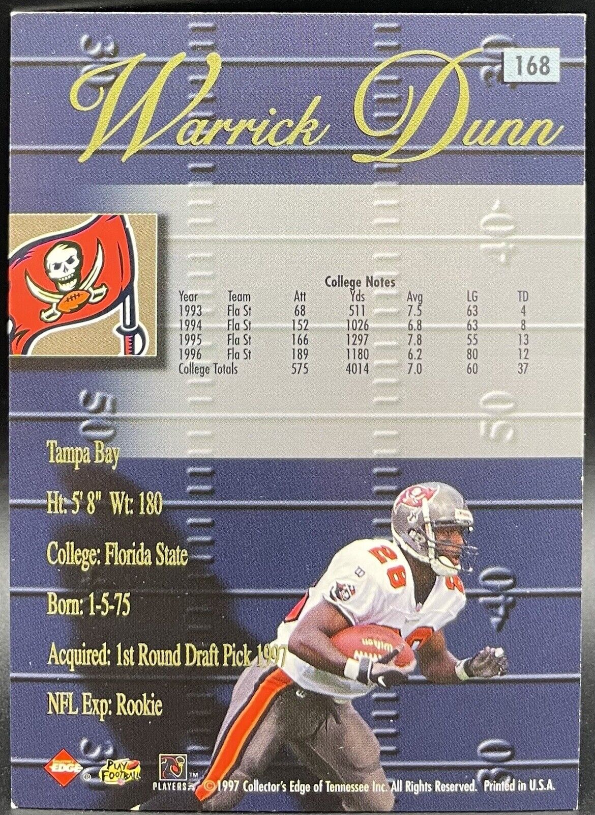Warwick Dunn  1997 Collectors Edge #168 Rookie Card Tampa Bay Buccaneers