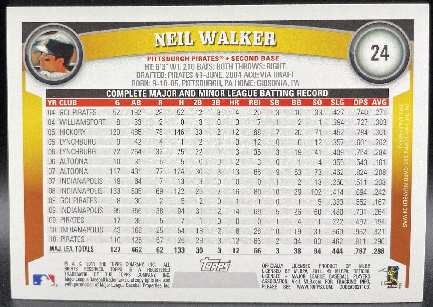 2011 Topps Neil Walker Baseball Pittsburgh Pirates #24 Rookie RC Cup