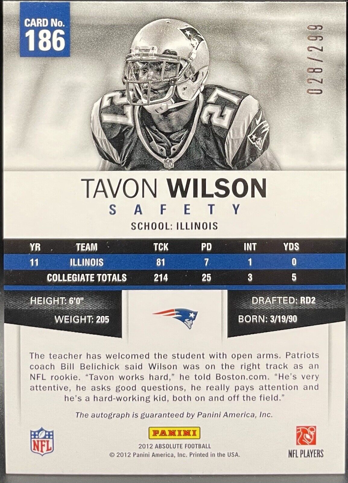 Tavon Wilson 2012 Absolute Spectrum Rookie Card Auto 028/299 NE Patriots RC #186