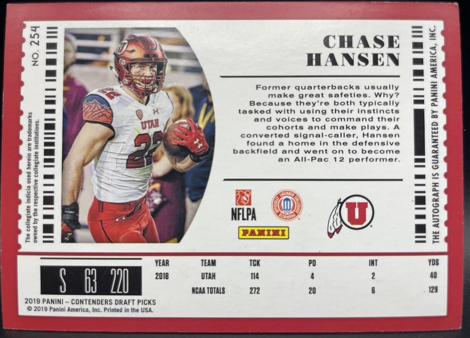 2019 Panini Contenders Draft Picks - College Ticket #254 Chase Hansen RC Auto