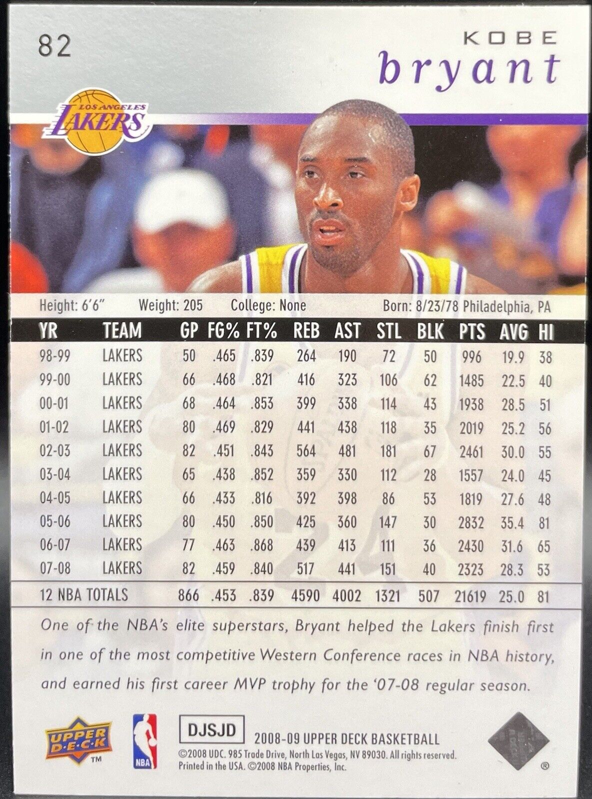 Kobe Bryant 2008 Upper Deck #82 Los Angeles Lakers 