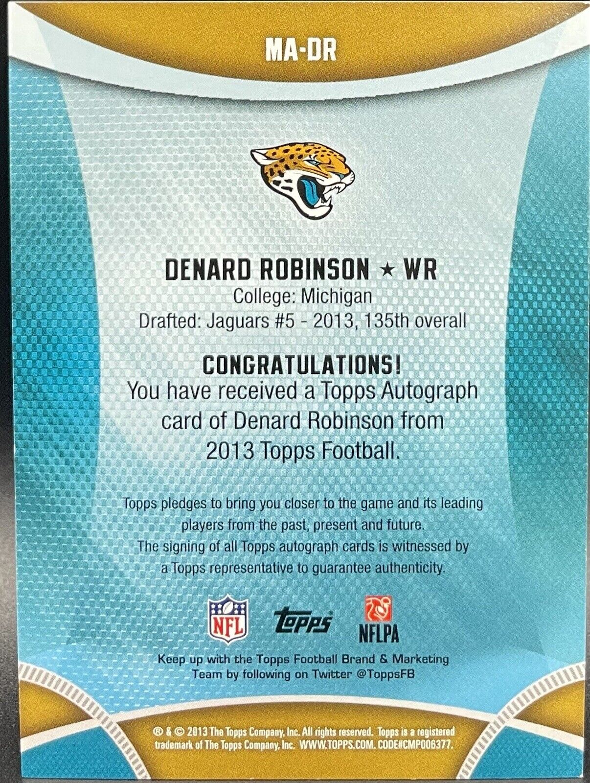 Denard Robinson 2013 Topps Rookie Card #MA-DR Autograph, /265 Carolina Panthers