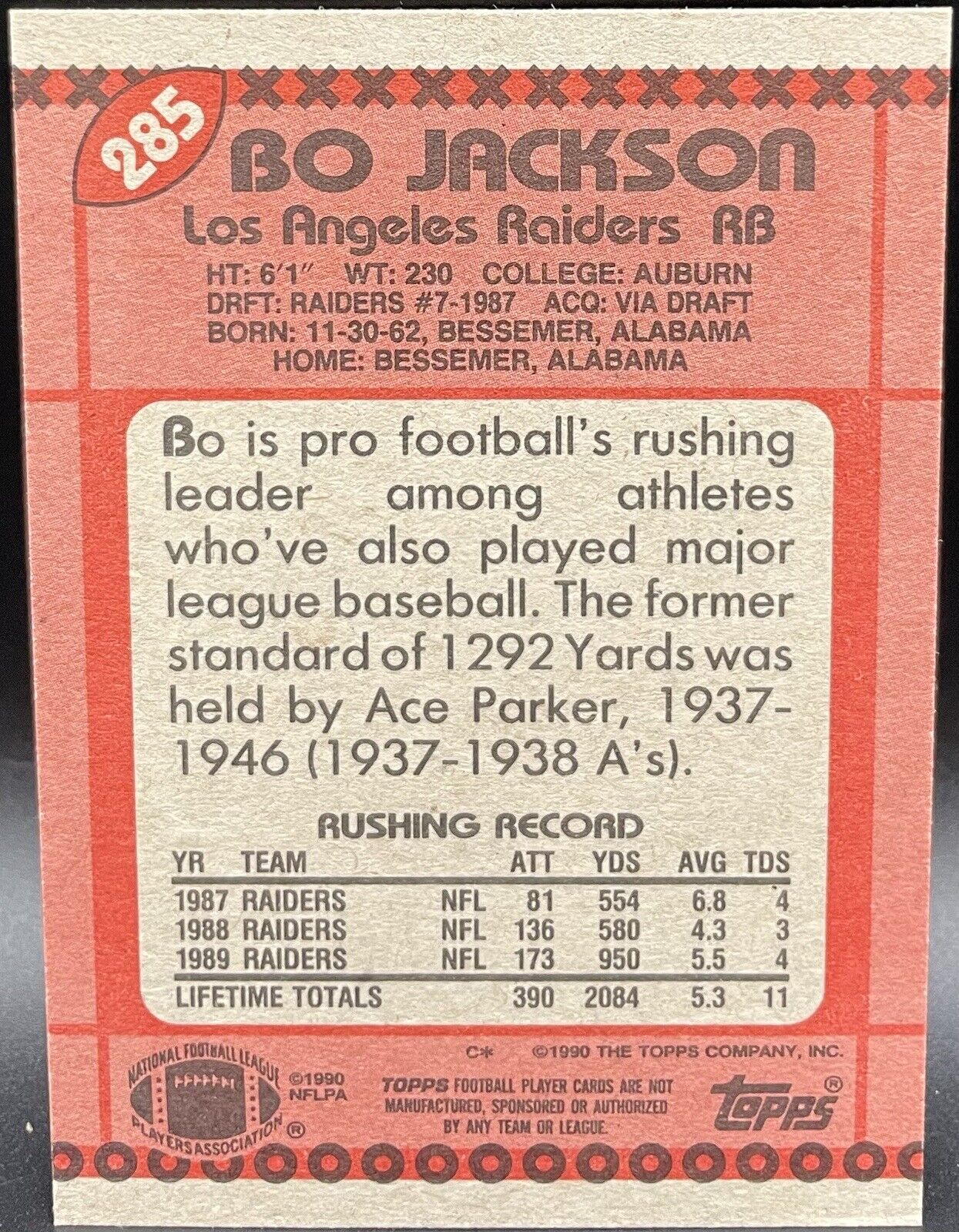 Bo Jackson 1990 Topps #285 Los Angeles Raiders