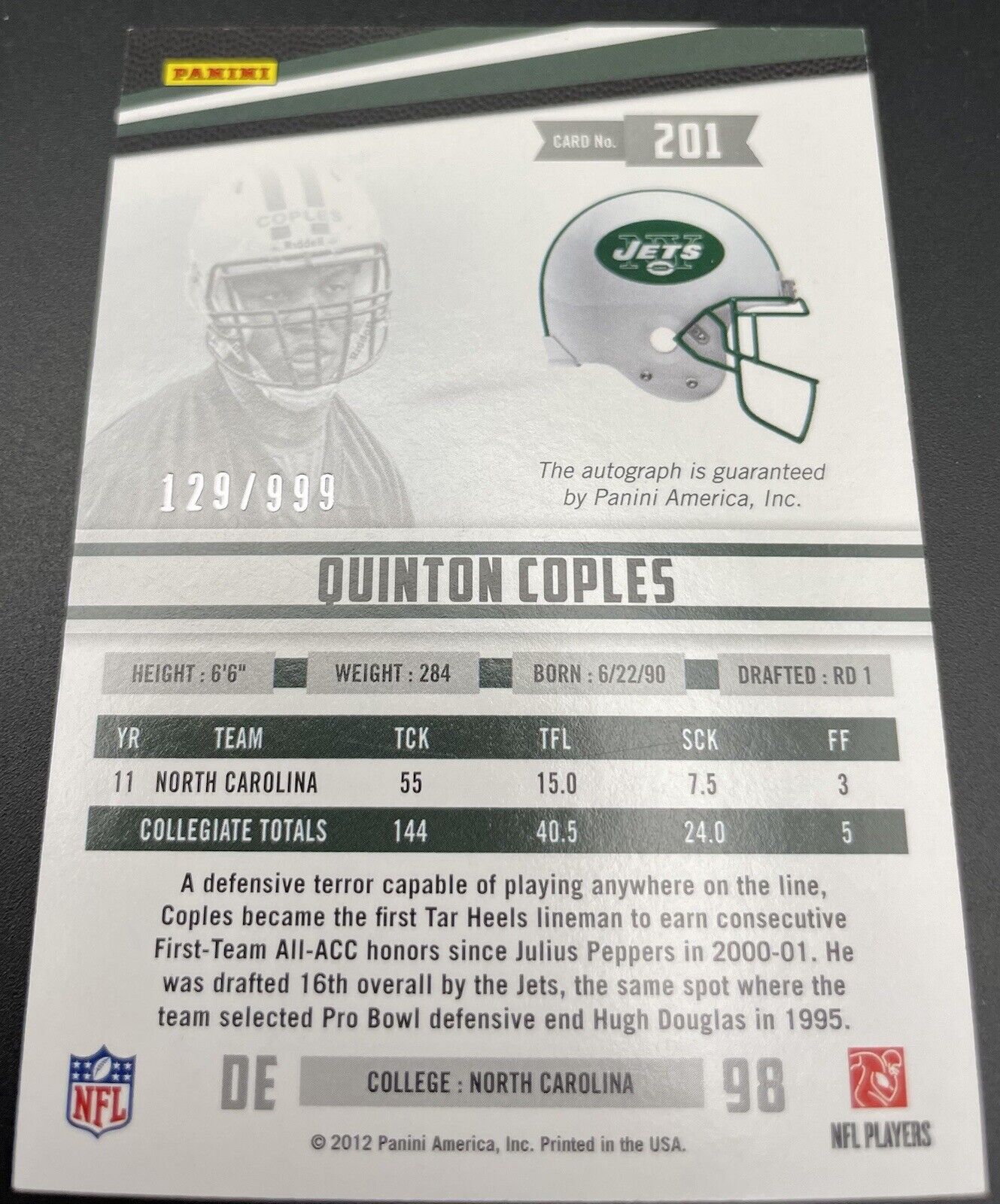 Quinton Coples 2012 Panini #201 RC, Autographed, 129/999 New York Jets