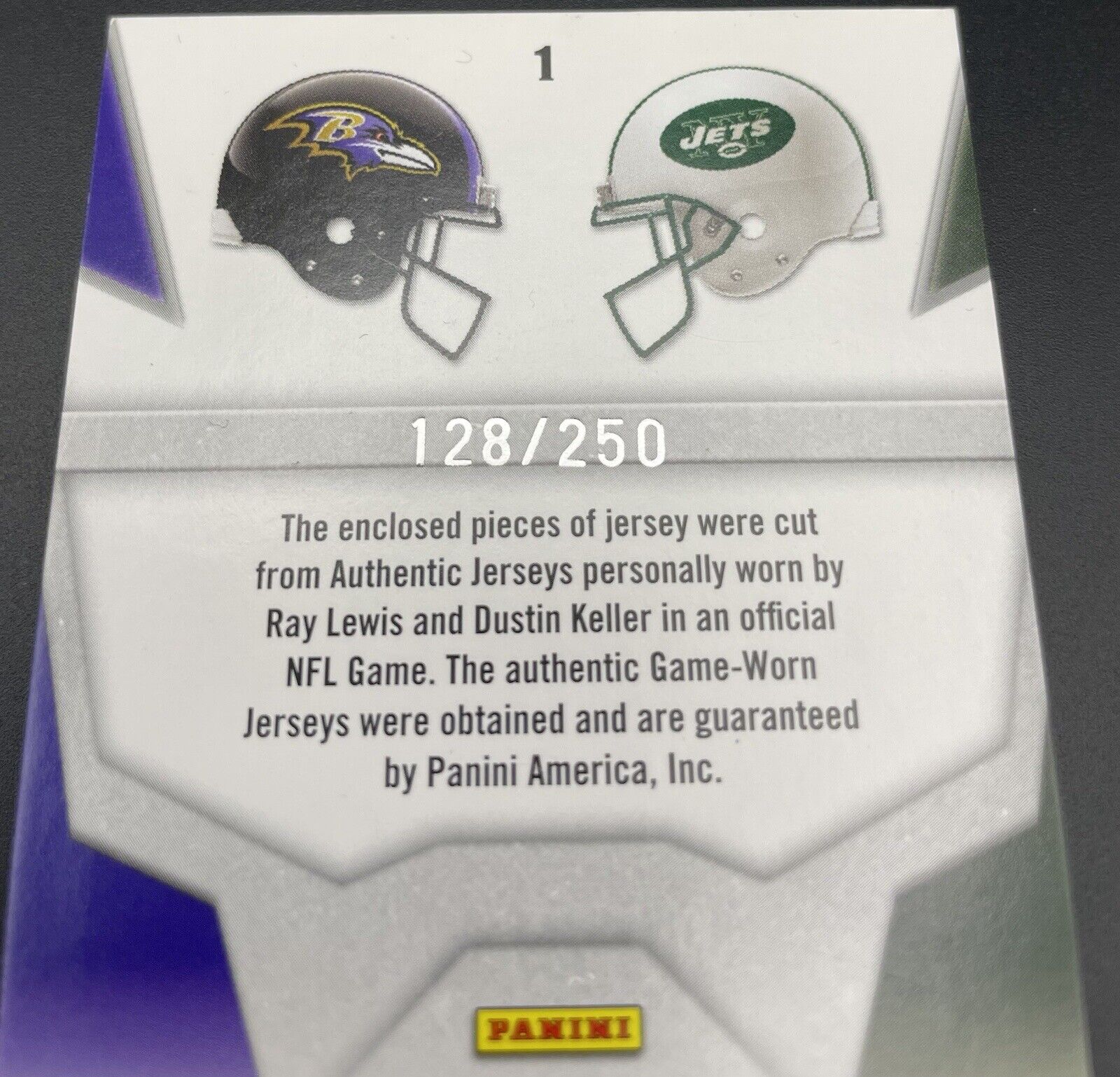 Ray Lewis & Dustin Keller 2010 Panini Gridiron Game Worn Jersey #1 Crash Course 