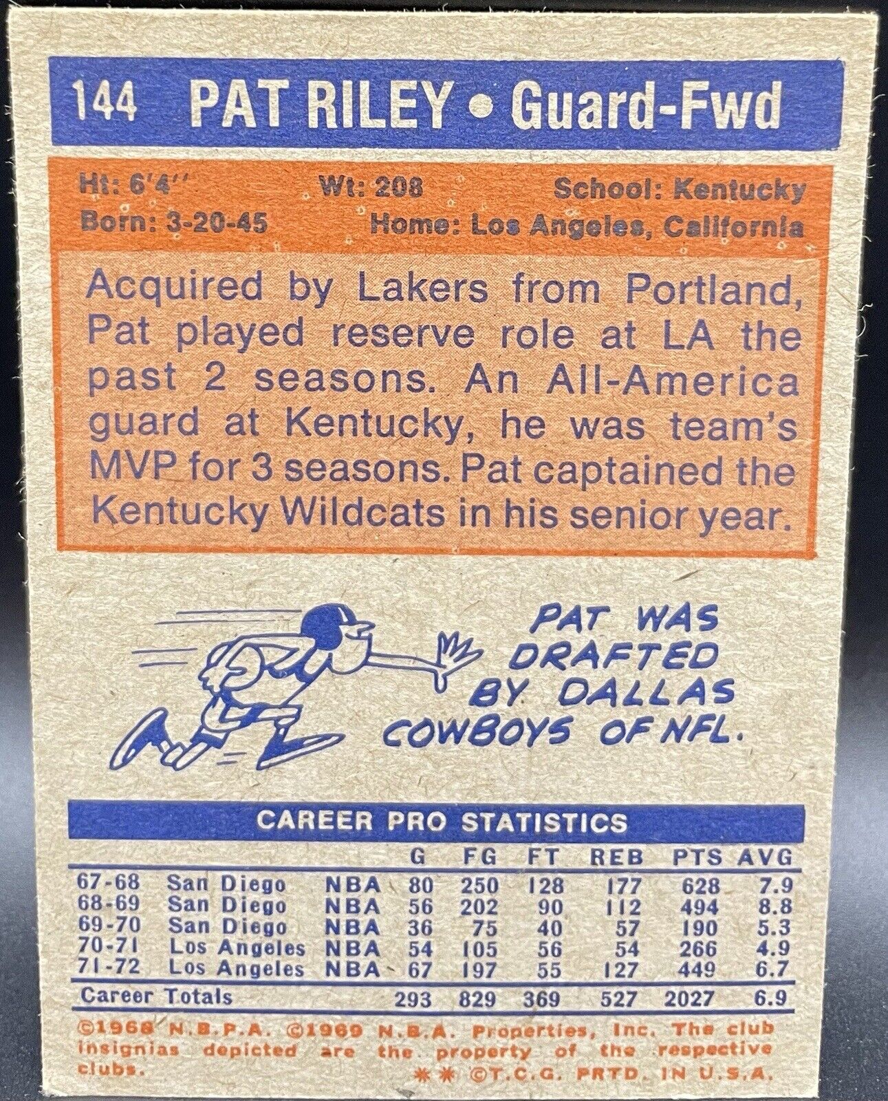 Pat Riley 1972 Topps #144 Los Angeles Lakers HOF
