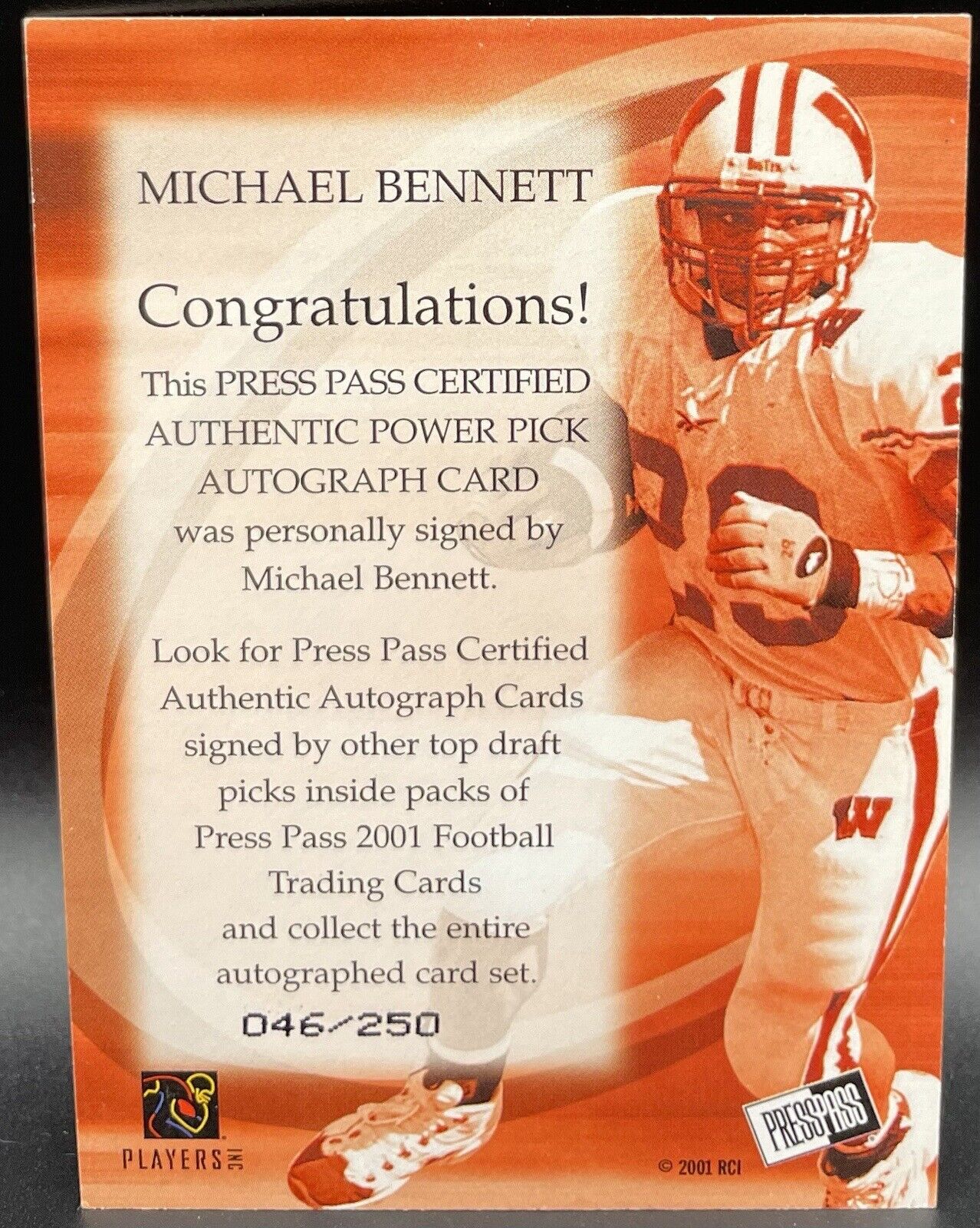 Michael Bennett Autograph 2001 Press Pass #046/250 Minnesota Vikings RC