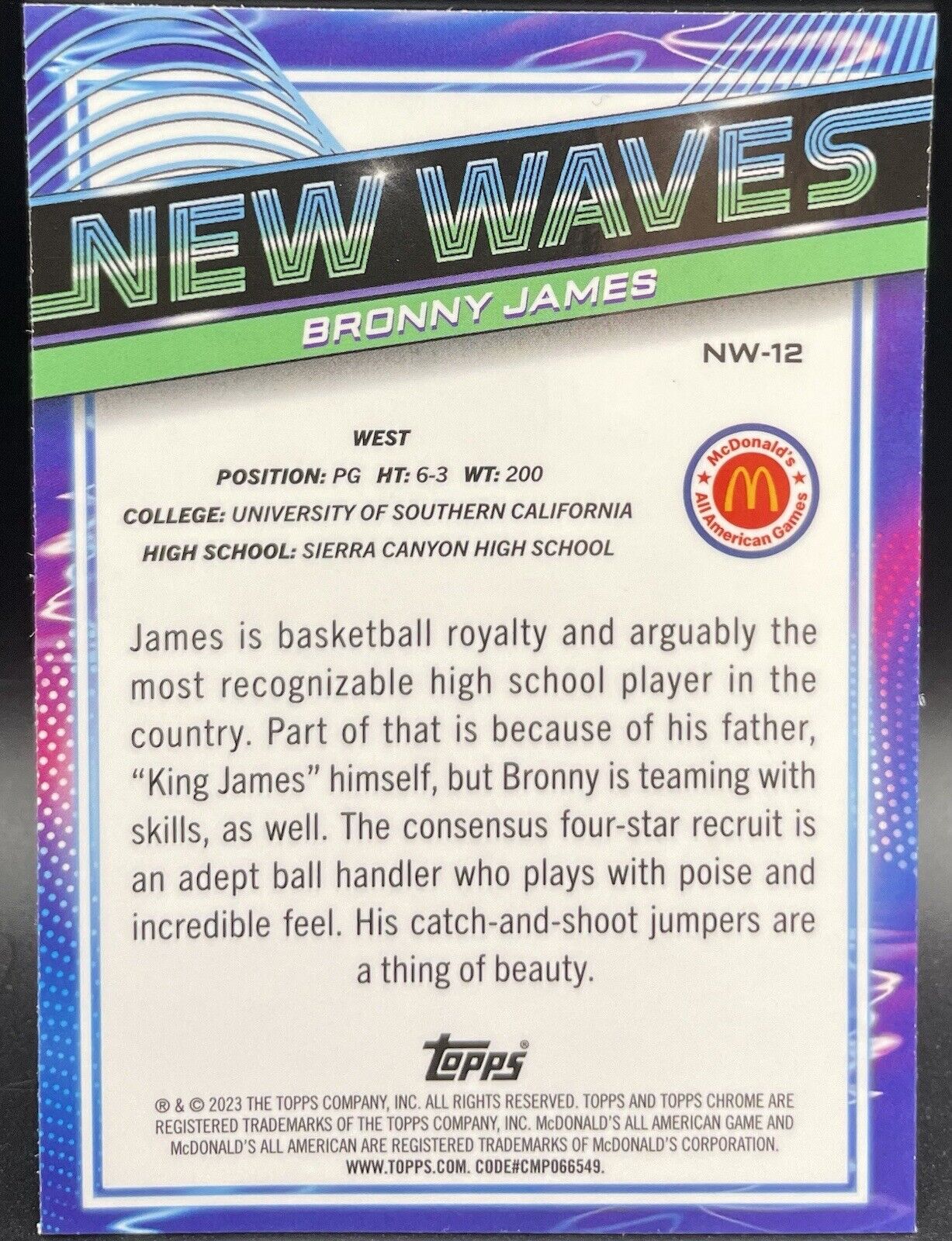 Bronny James 2023 Topps New Waves #NW-12 Blue Mcdonald’s All-American Games￼