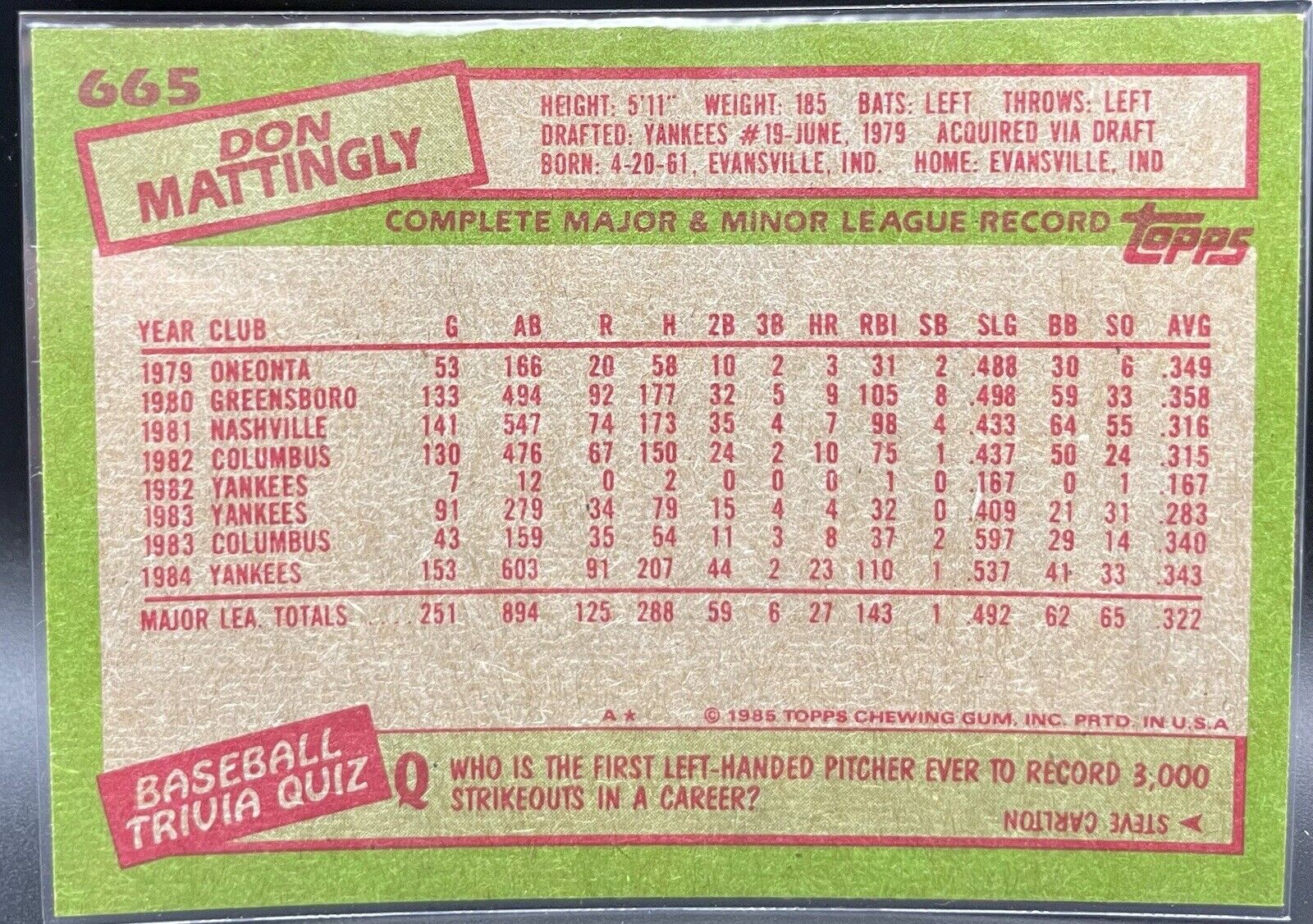 1985 Topps - #665 Don Mattingly New York Yankees