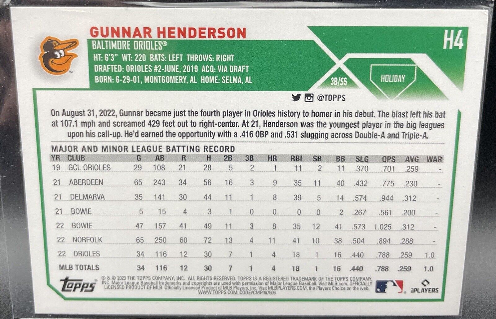 Gunner Henderson 2023 Topps Holiday #H4 Rookie Card Baltimore Orioles 