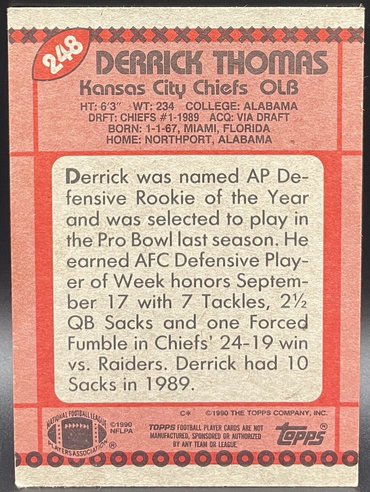 Derrick Thomas 1990 Topps Super Rookie #248 Kansas City Chiefs