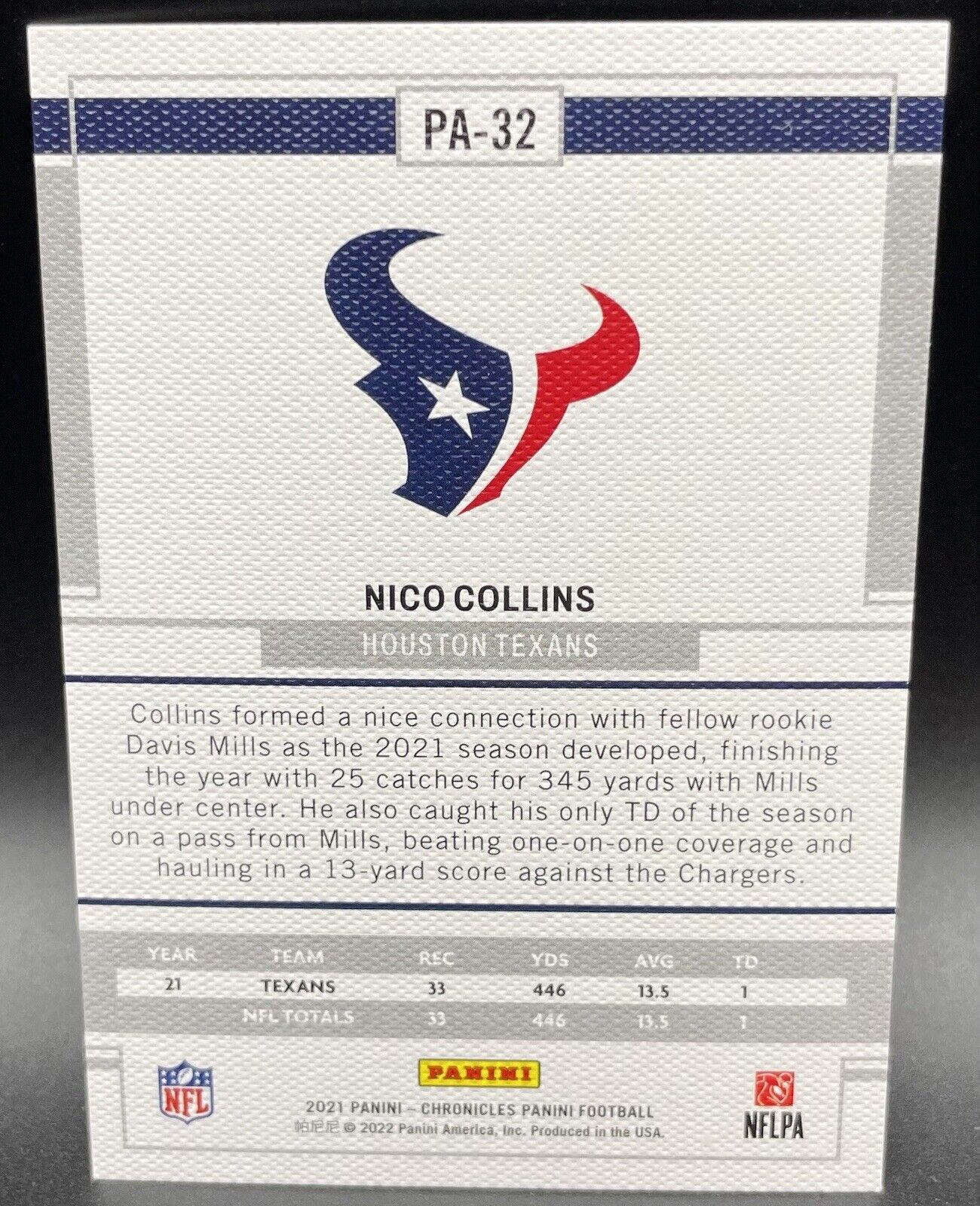 2021 Panini Chronicles NICO COLLINS #PA-32 Houston Texans ROOKIE CARD 💥🔥🏈