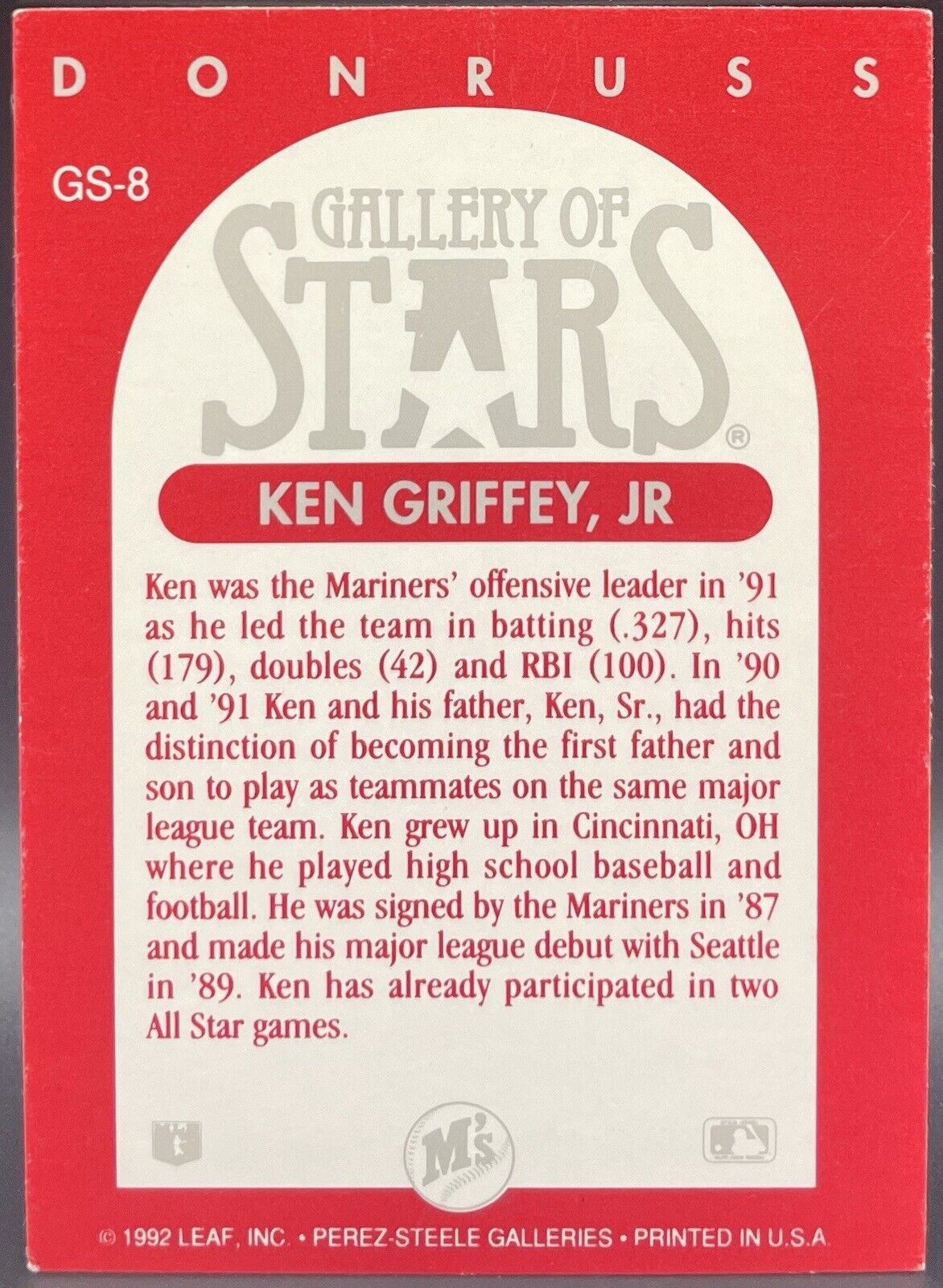 KEN GRIFFEY JR 1992 Leaf Donruss Baseball Gallery Of Stars Card #GS-8 