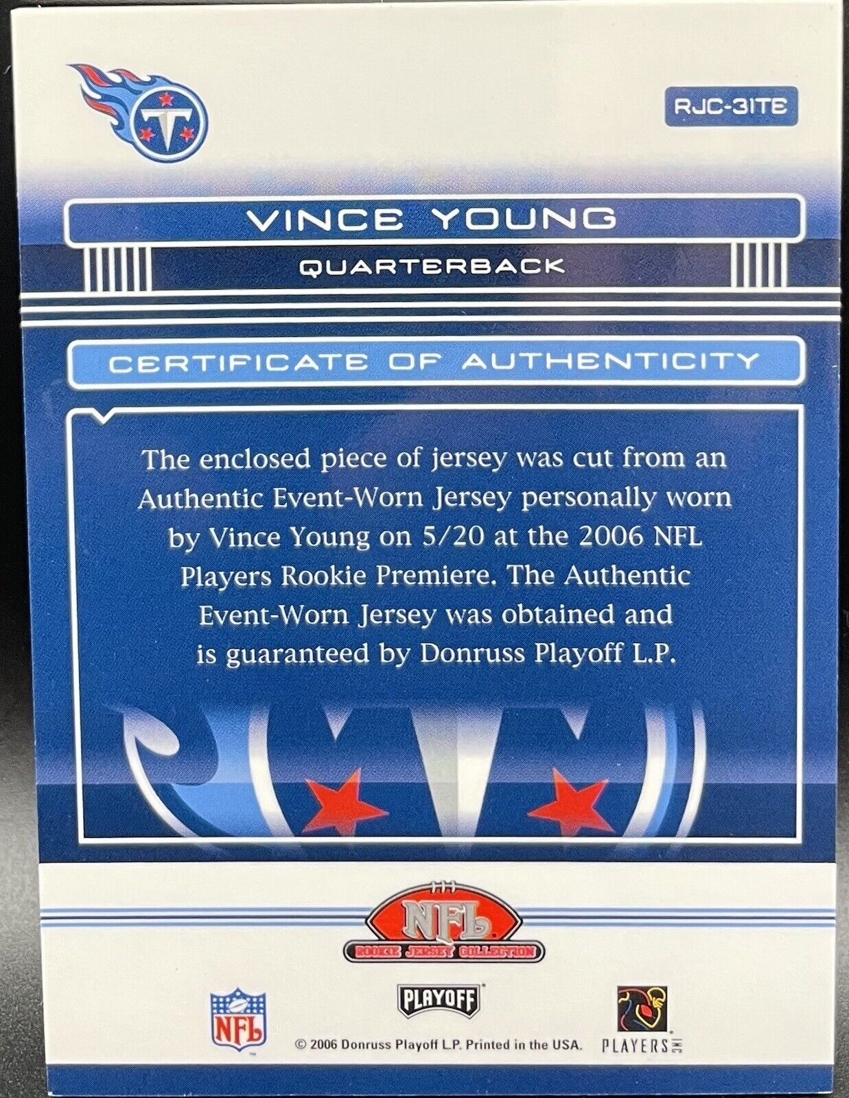 Vince Young 2006 Donruss Absolute ##RJC-3ITE Patch Tennessee Titans￼