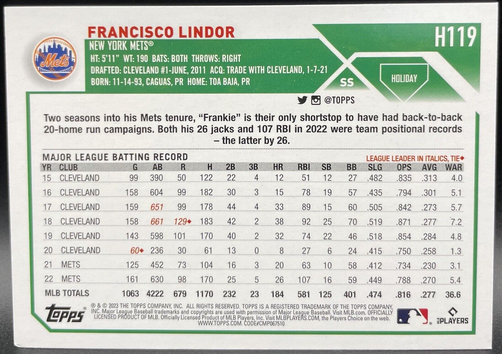 Francisco Lindor 2023 Topps #H119 Christmas Special Metallic New York Mets