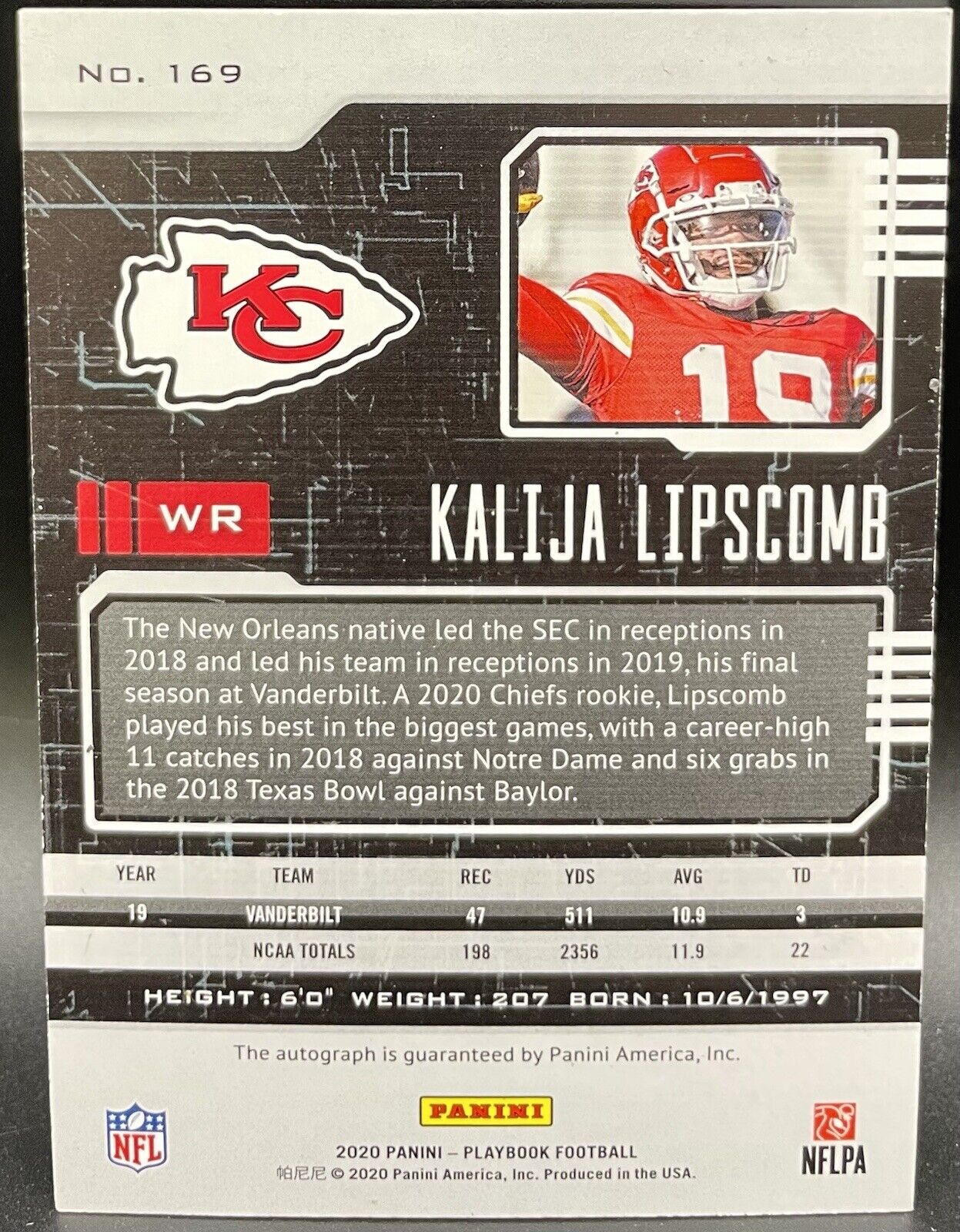 Kalija Lipscomb 2020 Panini Playbook #169 RC Autograph Kansas City Chiefs￼