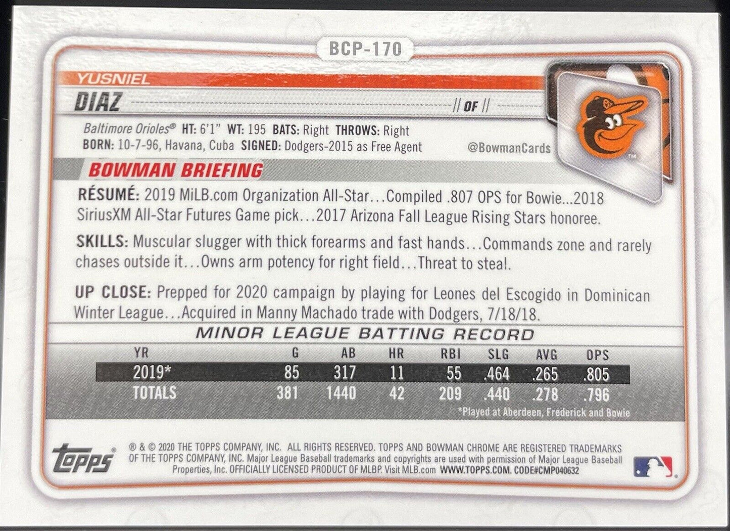 Yusniel Diaz 2020 Topps Bowman Chrome # BCP-170 Green /99 Baltimore Orioles