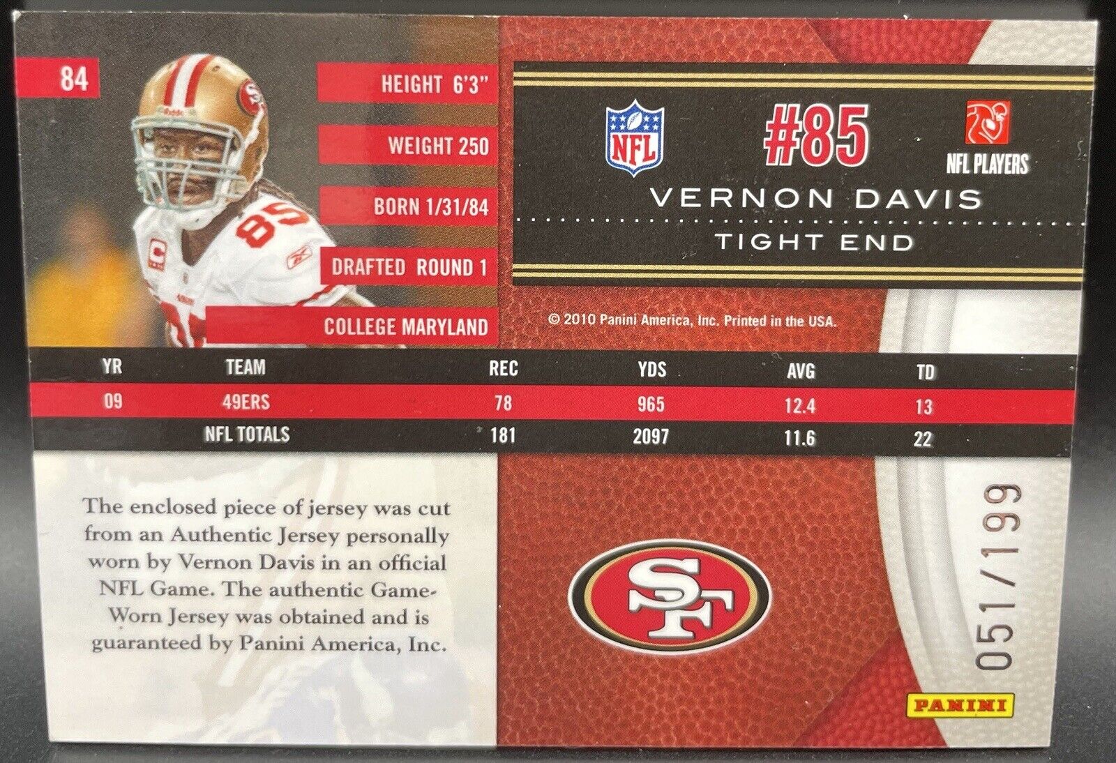 Vernon Davis 2010 Panini limited #84 Patch / 199 San Francisco 49Ers