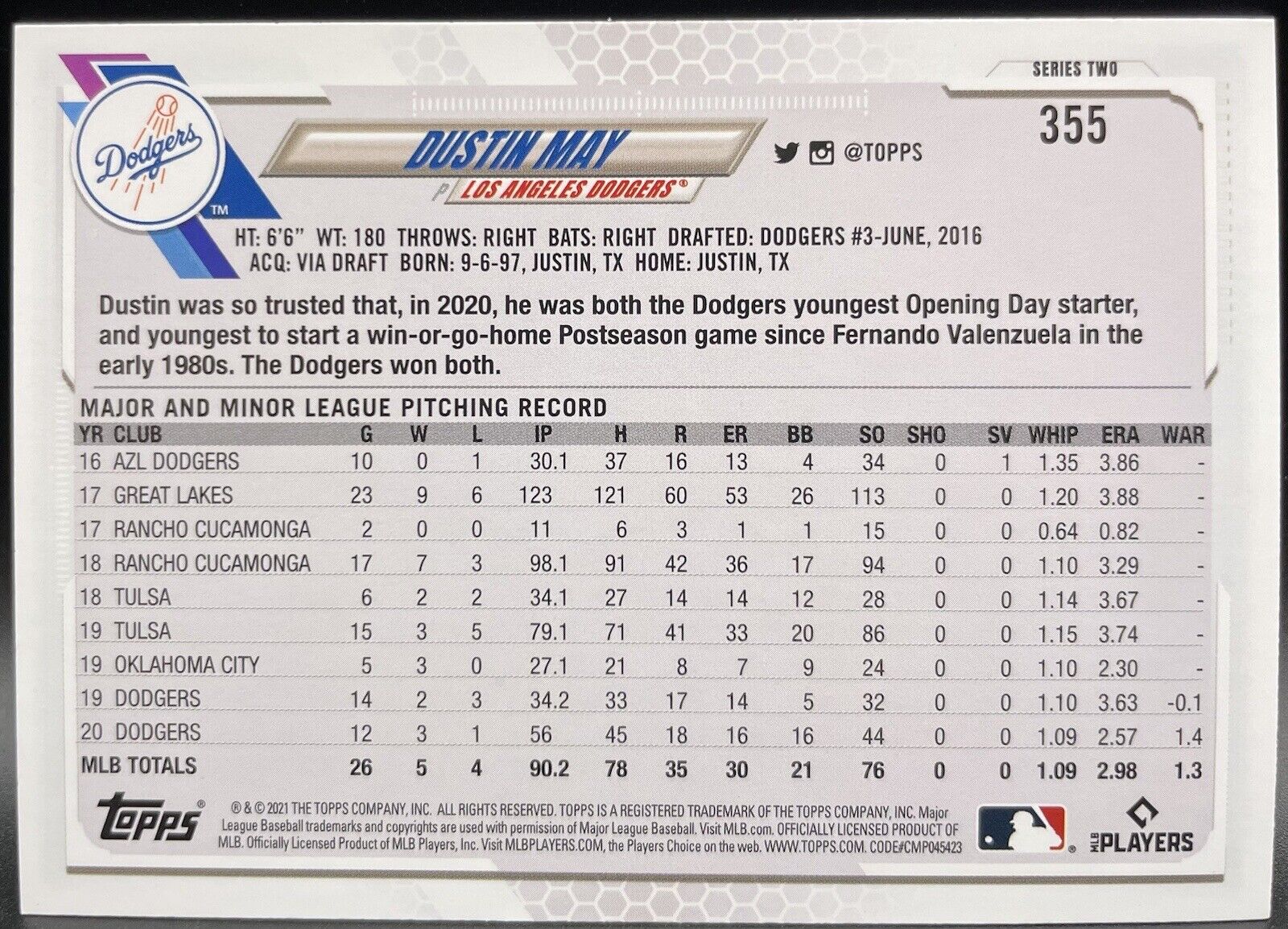 2021 Topps Series 2 Dustin May RC Los Angeles Dodgers #355 Future Stars