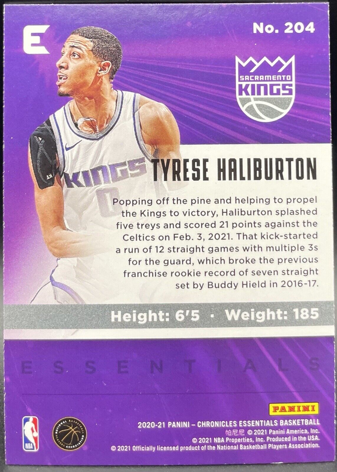 2020-21 Panini Chronicles Essentials TYRESE HALIBURTON #204 Rookie Card RC 