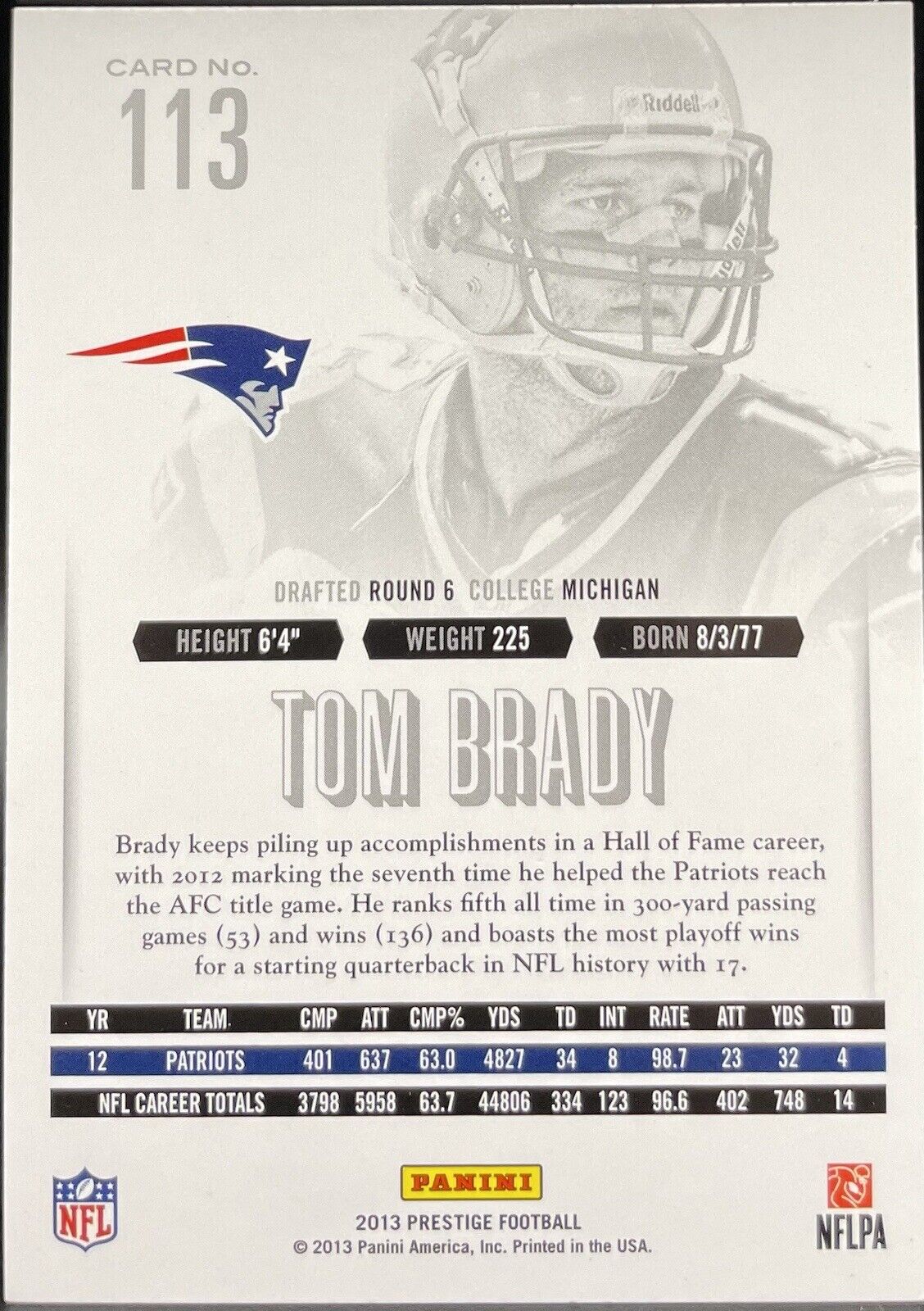 2013 Tom Brady Panini Prestige Football Base #113 New England Patriots HOF GOAT